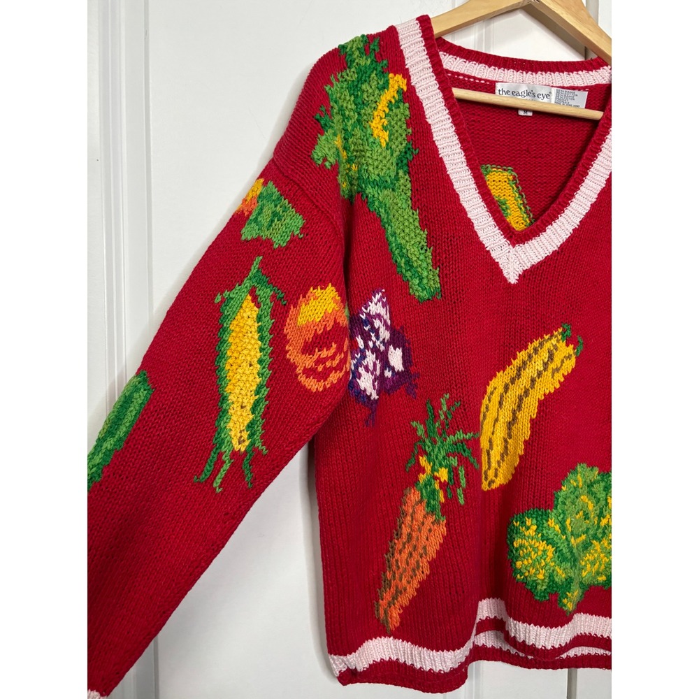 Vintage 1991 The Eagles Eye Eat Your Veggies Vegetable Red Knit Sweater Medium - Picture 4 of 8